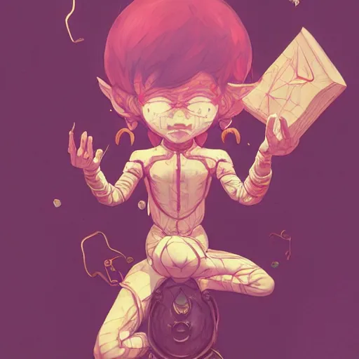 Prompt: a tiny cute demon floating while meditating and wrapped in sacred scrolls, smooth, intricate, elegant, digital painting, artstation, power runes, pulsing energy, concept art, sharp focus, octane render, illustration, art by josan gonzalez and james jean and shintaro kago, overwatch character,