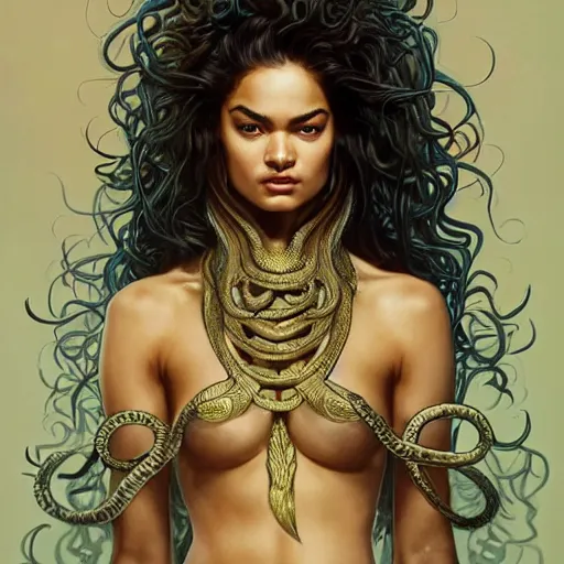 Image similar to Shanina Shaik as Medusa, frowning, scowl, snakes for hair, intricate, elegant, highly detailed, digital painting, artstation, concept art, smooth, sharp focus, illustration, art by artgerm and greg rutkowski and alphonse mucha and Chris Achilleos