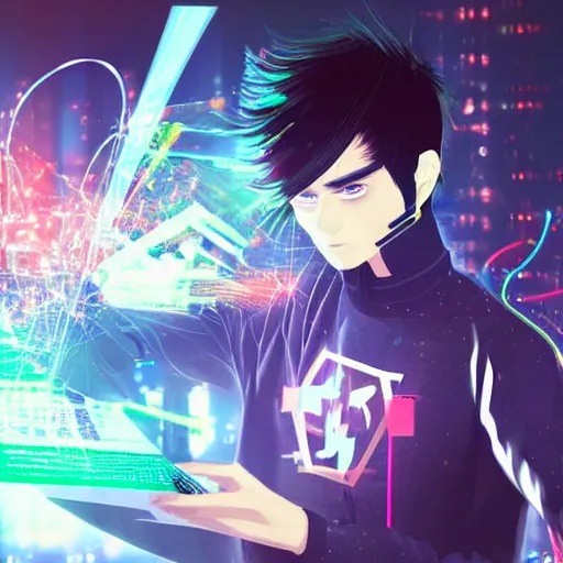 Image similar to a guy transferring himself into the internet using high - tech equipment, intense, anime, cyberpunk, extremely detailed, lots of particles,