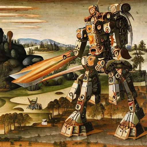 Image similar to a giant mech with a sword, renaissance art