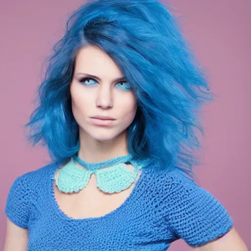 Image similar to A photo of a caucasian female model with blue hair wearing a crocheted croptop