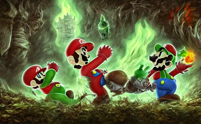 Image similar to mario and luigi as dark souls bosses, eldritch art, gothic medieval boss, epic battle, dual fight, cinematic art, character portrait, boss encounter, dangerous, fallen mushroom kingdom, castle ruins and demented goombas