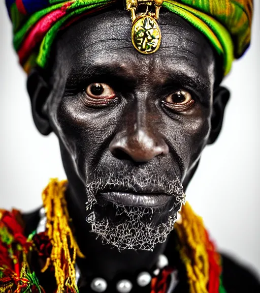 Prompt: portrait of haitian voodoo priest, 3 0 yo with lots of necklaces, astonished look, dark background, studio light, hdr, nikon 2 4 mm f / 1. 8 g, by sebastiao salgado