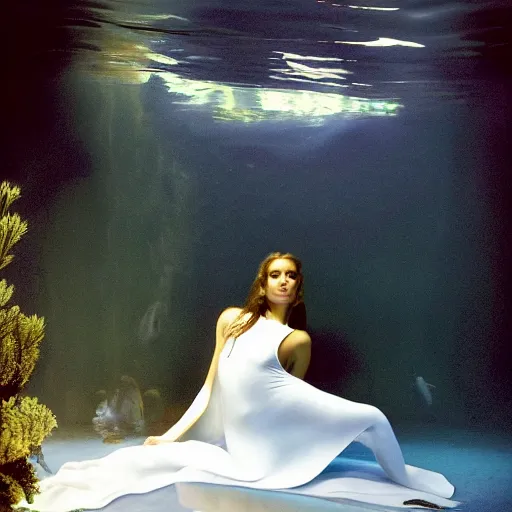 Image similar to portrait photo by mort kunstler and annie leibovitz and monia merlo, a beautiful symmetrical perfect woman in an irridescent one piece swimsuit completely covered in a sheer flowing long white sheet floating in the center of an aquarium, backlit, 4 d, 4 k, volumetric lighting, photorealistic, light ray, hyperdetailed