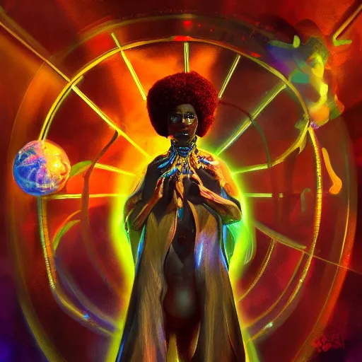 Image similar to afrofuturistic techno - mage uploading ancestral knowledge to the uni - mind interface, dark fantasy, occult, hyperrealistic, high - quality, surrealist painting, artstation