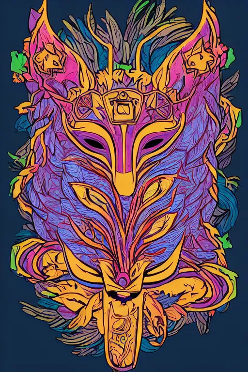 Image similar to animal mask totem roots flower tribal feather gemstone plant wood rock shaman vodoo video game vector cutout illustration vivid multicolor borderlands comics by josan gonzales and dan mumford radiating a glowing aura