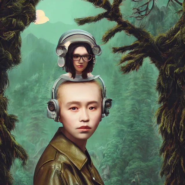 Prompt: highly detailed portrait of alone androgynous girl wearing bakelite leather jacket, bakelite rocky mountains, moss green japanese haunted forest background, by hsiao - ron cheng and artgerm, modular synthesizer 8 0 s sony stereo helmet backpack, the grand budapest hotel, glow, no crop, digital art, artstation, pop art