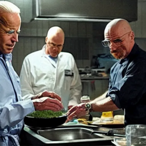 Image similar to “Very photorealistic screenshot of Joe Biden and Walter White cooking drugs in an episode of Breaking Bad, atmospheric lighting, award-winning”