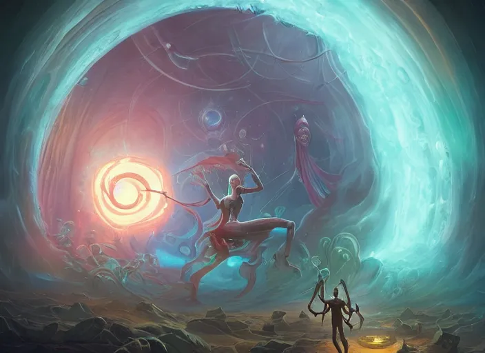 Image similar to an eldritch demigod looking into the astral portal in the great halls of the cosmos in the style of peter mohrbacher and alex grey, human, trending on artstation, unreal engine, ultra hd