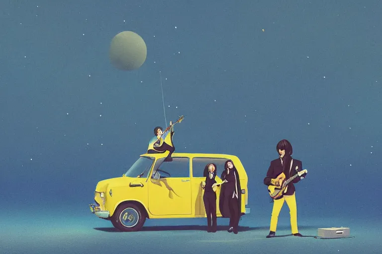 Image similar to the beatles performs with guitar on a yellow flying minivan, sci fi, art by mike winkelmann, trending on cgsociety, retrofuturism, darksynth, sci - fi