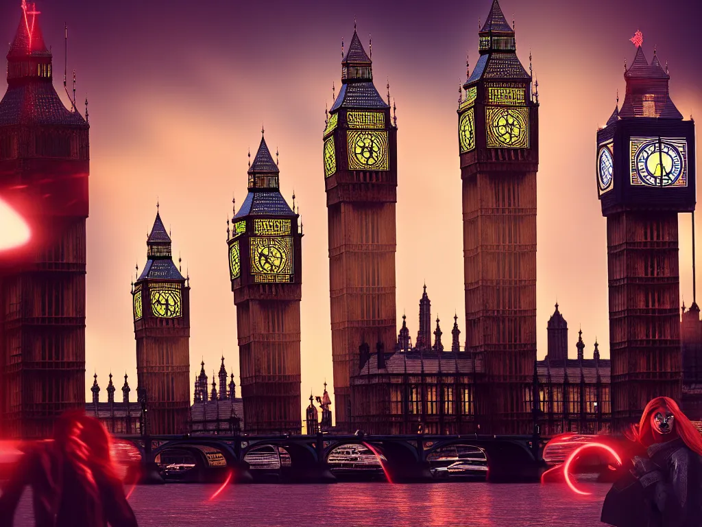 Image similar to an ancient beautiful cyborg of the elder gods in the city of London, a giant beautiful cyborg with glowing eyes in London with Big Ben in the background, westminster, colourful, dramatic lighting, golden hour, very detailed octane render very realistic beautiful