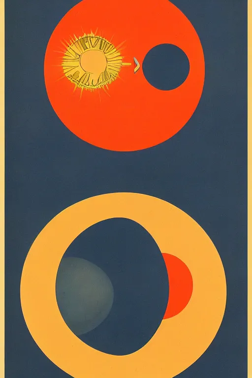 Prompt: poster of the sun and the moon, 1 9 5 0 s style, futuristic design, dark, symmetrical, washed out color, centered, art deco, 1 9 5 0's futuristic, glowing highlights, intense