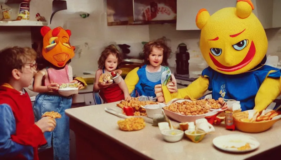Prompt: 1 9 9 0 s candid 3 5 mm photo of a beautiful day in the family kitchen, cinematic lighting, cinematic look, golden hour, an absurd costumed mascot from the wacky giant face space club show is forcing the children to eat cereal, children are eating way too much cereal, uhd