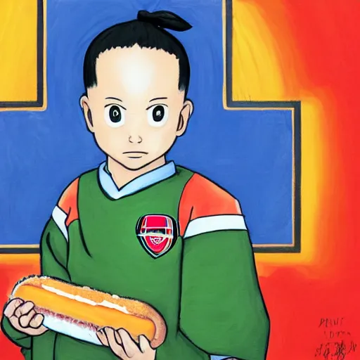 Prompt: a painting portrait of last airbender in an arsenal jersey eating a hot dog,