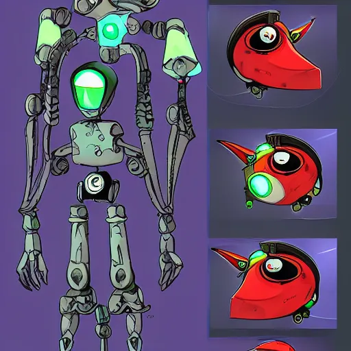 Image similar to character sheets for a friendly tripod vampire squid robot made of broken parts that loves cats and has an led screen face, inspired by splatoon by nintendo, art by tim schafers work on psychonauts 2 from double fine, anime, vhs distortions