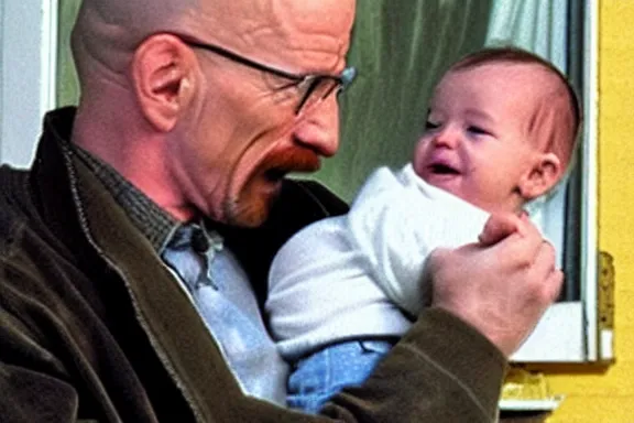 Image similar to walter white holding a baby and screaming at it