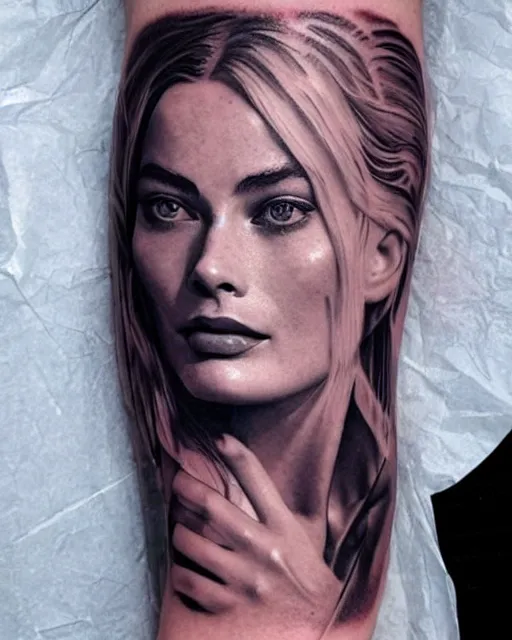 Image similar to creative double exposure effect tattoo design sketch of margot robbie face faded in beautiful mountain scenery, realism tattoo, in the style of matteo pasqualin, amazing detail, sharp