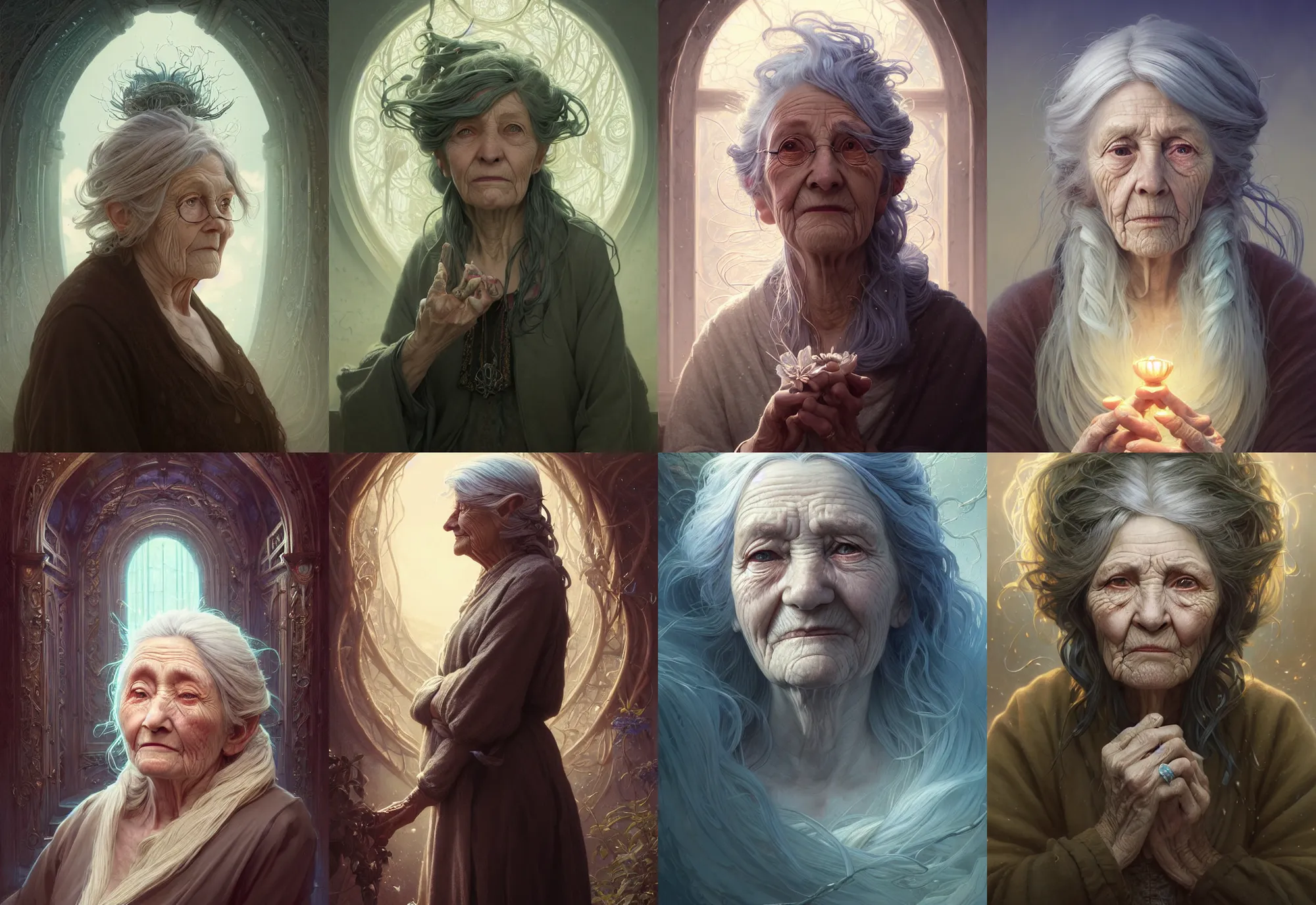 Prompt: highly detailed portrait of a very old woman with long hairs, stephen bliss, unreal engine, fantasy art by greg rutkowski, loish, rhads, ferdinand knab, makoto shinkai and lois van baarle, ilya kuvshinov, rossdraws, tom bagshaw, alphonse mucha, global illumination, radiant light, detailed and intricate environment