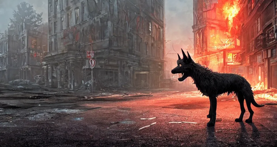 Prompt: A beautiful hyperrealistic ultradetailed matte painting of a demonic Hellhound on fire standing in the middle of city street at night in an abandoned post-apocalyptic city, unreal engine, deviant art, flickr, artstation, octane render, textured, colorful, hyperrealistic, physically based rendering, pbr render, very detailed, volumetric lighting, octane render, 4k, cinematic, 8k resolution,