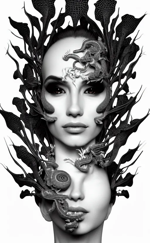 Image similar to a black and white 3D render of a beautiful profile face portrait of a female dragon-orchid-cyborg, 150 mm, flowers, Mandelbrot fractal, anatomical, flesh, facial muscles, wires, microchip, veins, arteries, full frame, microscopic, elegant, highly detailed, flesh ornate, elegant, high fashion, rim light, octane render in the style of H.R. Giger and Man Ray