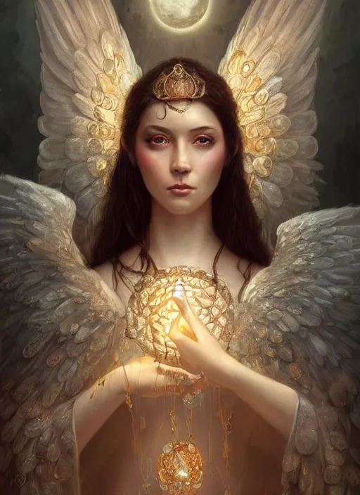 Image similar to A beautiful digital painting of a female Seraphim full of jewels, princess, the moon behind her, intricate, cinematic lighting, highly detailed, digital painting, Artstation, concept art, smooth, sharp focus, illustration, art by Tom Bagshaw, Artgerm and Greg Rutkowski