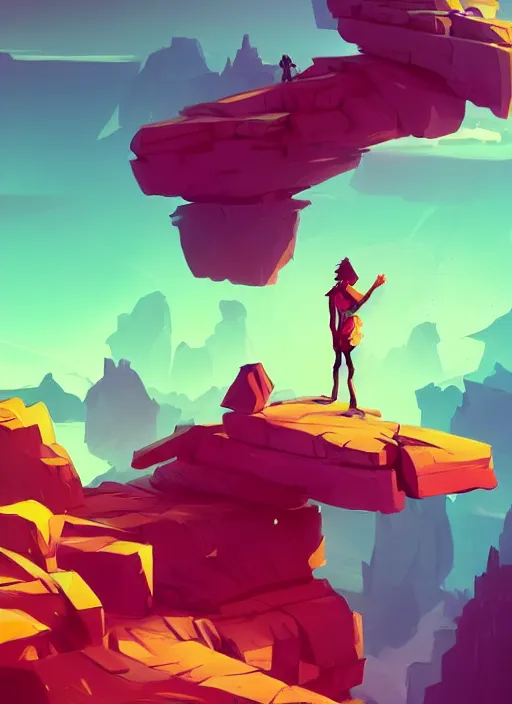 Prompt: man standing on top of a rock next to a river, a screenshot by anton fadeev, featured on polycount, fantasy art, 2 d game art, concept art, official art