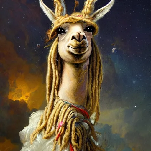 Image similar to detailed baroque portrait of a llama with dreadlocks, realistic creature concept, heroic pose, space nebula in background, Ilya Repin oil painting, by chriss foss, 4k, artstation