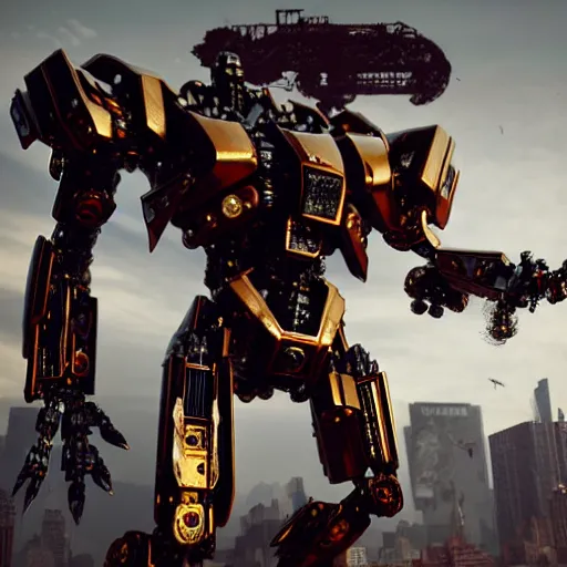 Image similar to a shiny ornate boxing humanoid mecha in ruin city, victory, punk style, by war robots, real steel ( 2 0 1 1 ), westworld and eve venture and pacific rim and machine warrior 5, cryengine, frostbite 3 engine, scarlet and yellow scheme, sharp focus, 8 k, high definition, insanely detailed, soft lighting, smooth face