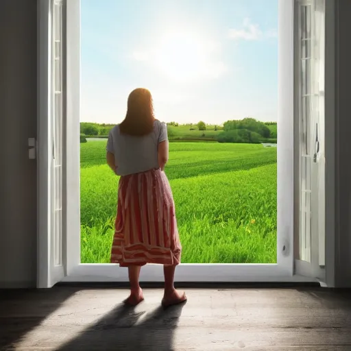 Image similar to a person looking out of her small front porch seeing a large field in the countryside, photorealistic, cozy, sunrise