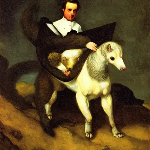 Prompt: a giant squirrel carrying napoleon bonaparte, courbet