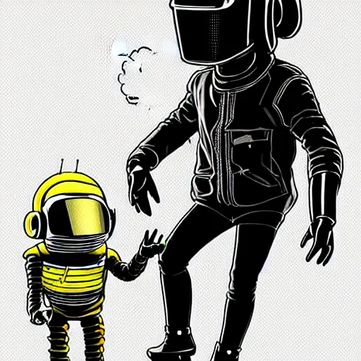 Image similar to a study of cell shaded cartoon of a daft punk in the style of howl's moving castle ( 2 0 0 4 ) on a desert road, full body, wide shot, very muted colors, post grunge, studio ghibli, laurie greasley, highly detailed, deviantart, art by artgem