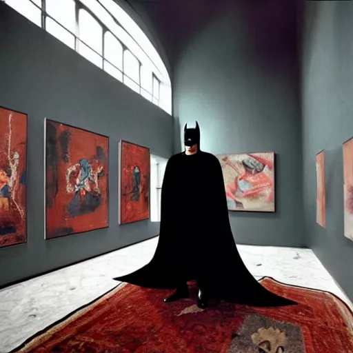 Image similar to Batman standing in giant Italian modern castle living room, clean minimalist design, that is 1300 feet tall, with very tall giant walls filled with modern art paintings, doors that are cosmic portals, photo by Annie Leibovitz