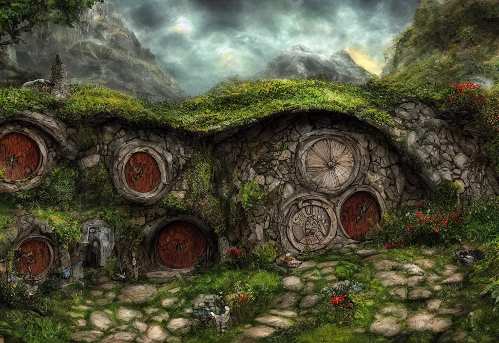 Prompt: the hobbit home, digital art, high detail