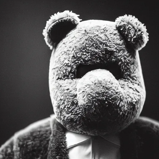 Image similar to Portrait studio photograph of Kanye West as a anthropomorphic teddy bear, close up, shallow depth of field, in the style of Felice Beato, Noir film still, 40mm