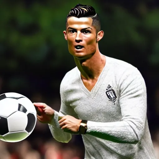 Image similar to a still from the antiques roadshow, cristiano ronaldo with a priceless soccer ball, uhd, 8k,