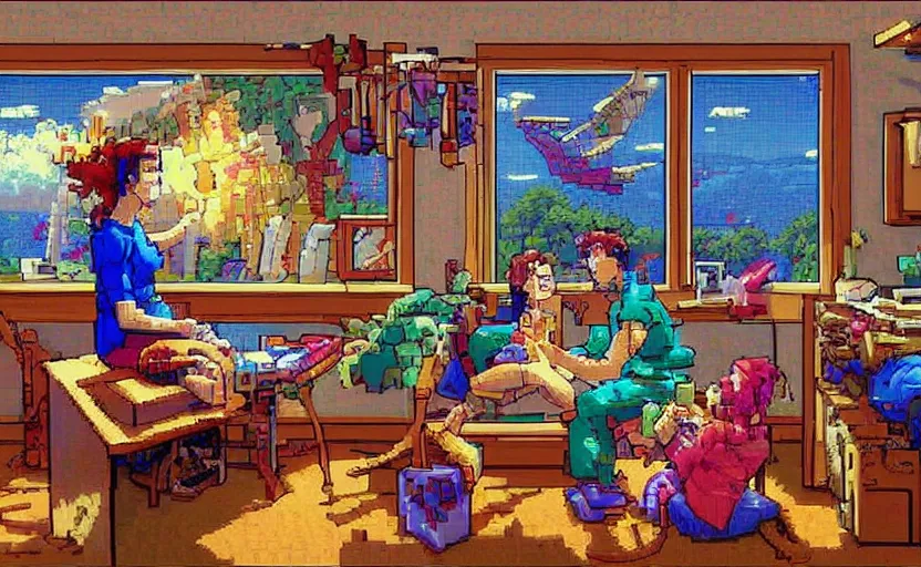 Image similar to 16-bit Pixel-art. Trending on artstation. Slice-of-life genre art. Fantastic colors and lighting by James Gurney and artgerm. Screenshot of Music to chill/study to youtube video. Character sitting and relaxing in front of their work desk in their cozy room as a peaceful scene is seen through the room's window.