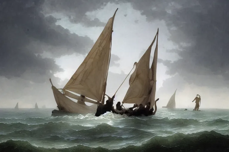 Image similar to ancient historically accurate depiction of Bible Character walking on water during a storm, a small fishing sailboat with scared sailors on board, dramatic lighting by frank miller, illustration by Ruan Jia and Mandy Jurgens and William-Adolphe Bouguereau, Artgerm, 4k, digital art, surreal, space dandy style, highly detailed, godsend, artstation, digital painting, concept art, smooth, sharp focus, illustration by Ruan Jia and Mandy Jurgens and William-Adolphe Bouguereau, Artgerm