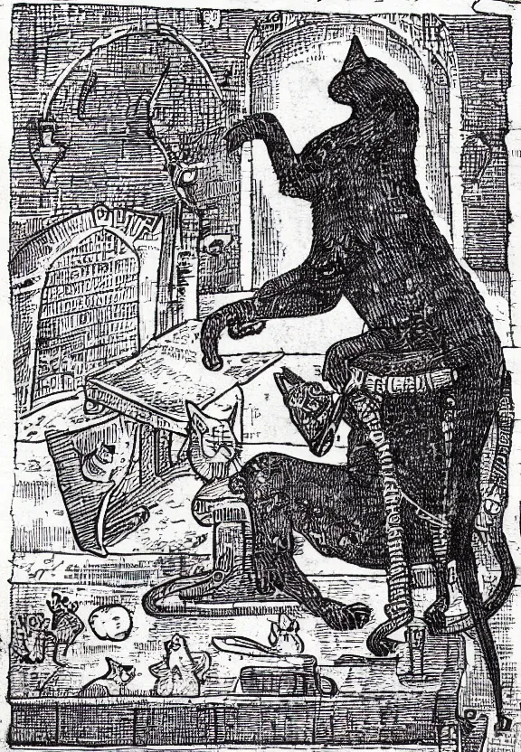 Image similar to [Dark medieval illustration of a cat watching youtube on a computer]