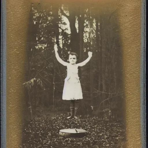 Prompt: Polaroid photo of Victorian child floating three feet above the ground in a thick forest