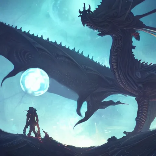 Image similar to alien dragon inspired by René Laloux, Greg Rutkowski,stars, cinematic