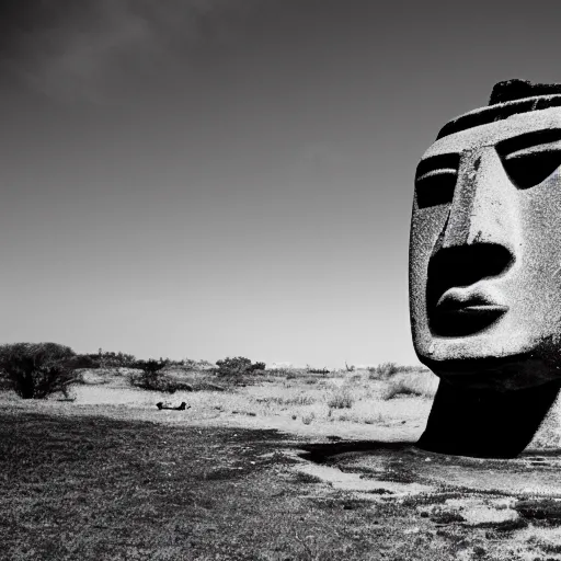 Prompt: black and white noir film with moai