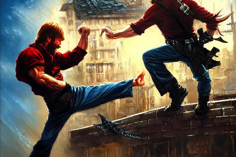 Image similar to chuck norris kicking a ninja out a window, an oil painting by ross tran and thomas kincade