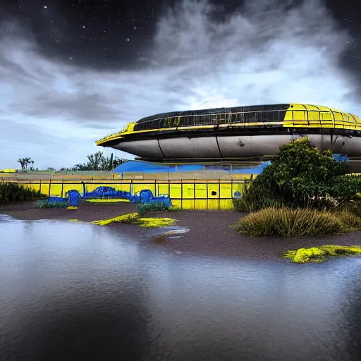 Image similar to post - apocalyptic epcot center, wasteland, submerged, monorail, abandoned, wet, swamp, swamp gas, nuclear fallout, yellow mist, yellow sky, dark clouds, walt disney world, highly detailed, intricate, 8 k