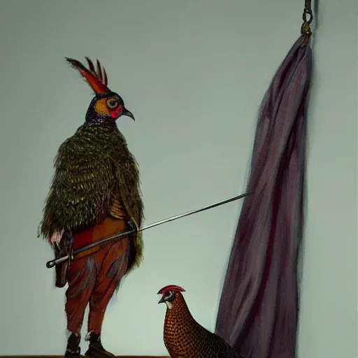 Image similar to a pheasant is girded with a belt, a sword hangs on the belt, by lily seika jones , rivuletpaper art, top cinematic lighting, cinematic mood, very detailed, shot in canon, by Viktor Vasnetsov, oil painting, harsh fairy tale, soft style, hyperrealism, beautiful, high resolution, trending on artstation, steps 50