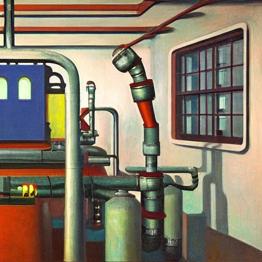 Image similar to power plant reaction chamber, robot repairmen, reactor core, grant wood, pj crook, edward hopper, oil on canvas