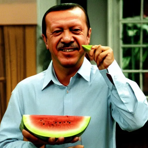 Image similar to recep tayyip erdogan smiling holding watermelon for a 1 9 9 0 s sitcom tv show, studio photograph