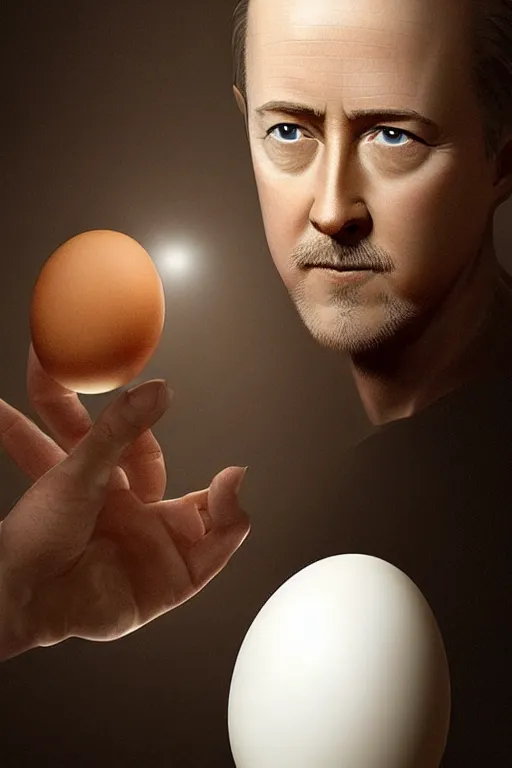 Image similar to a boiled egg with edward norton's face in the egg, highly detailed, dramatic lighting, concept art by caravaggio and greg rutkowski and artgerm