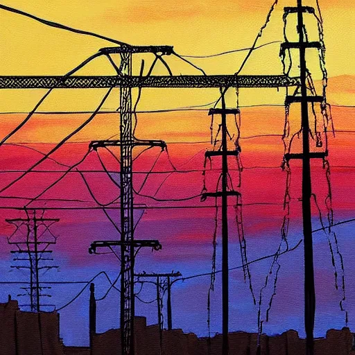 Image similar to colorful bouncing wires on power lines at sunset, beautiful painting, realistic, 4 k, trending on artstation