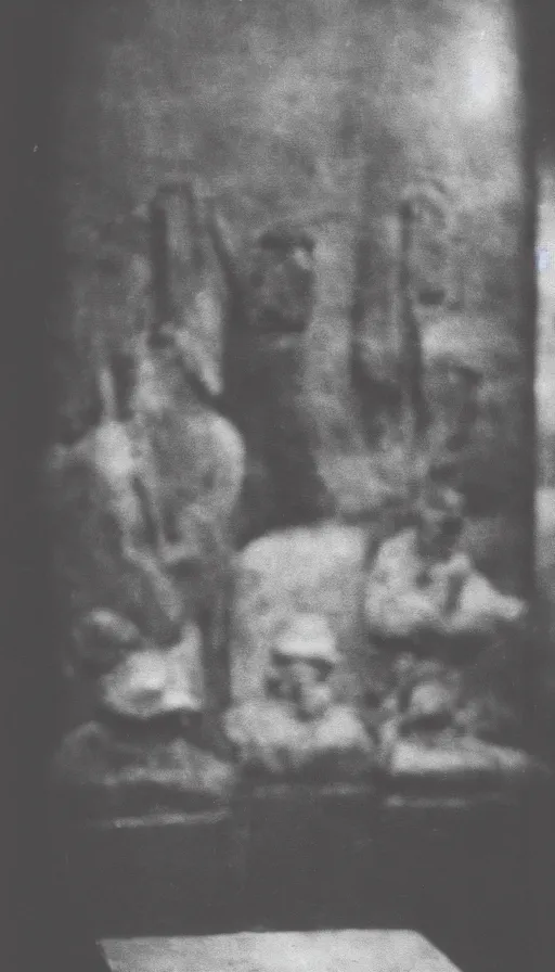 Image similar to an object on display in an ethnographic museum, film still, cinematic, out of focus, enhanced, 1 9 2 0 s, black and white, grain