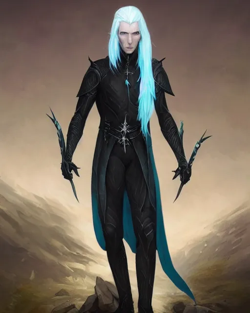 Prompt: character portrait of a slender young half elven man with white hair, piercing turquoise blue eyes, and pale blue skin, wearing sleek black armor, by greg rutkowski and mark brookes and jim burns and tom bagshaw and magali villeneuve, trending on artstation